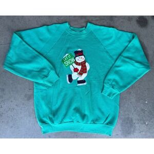 VTG Mens Sz Large FRUIT OF THE LOOM Snowman Sweater Teal Made in USA XMAS Crewne